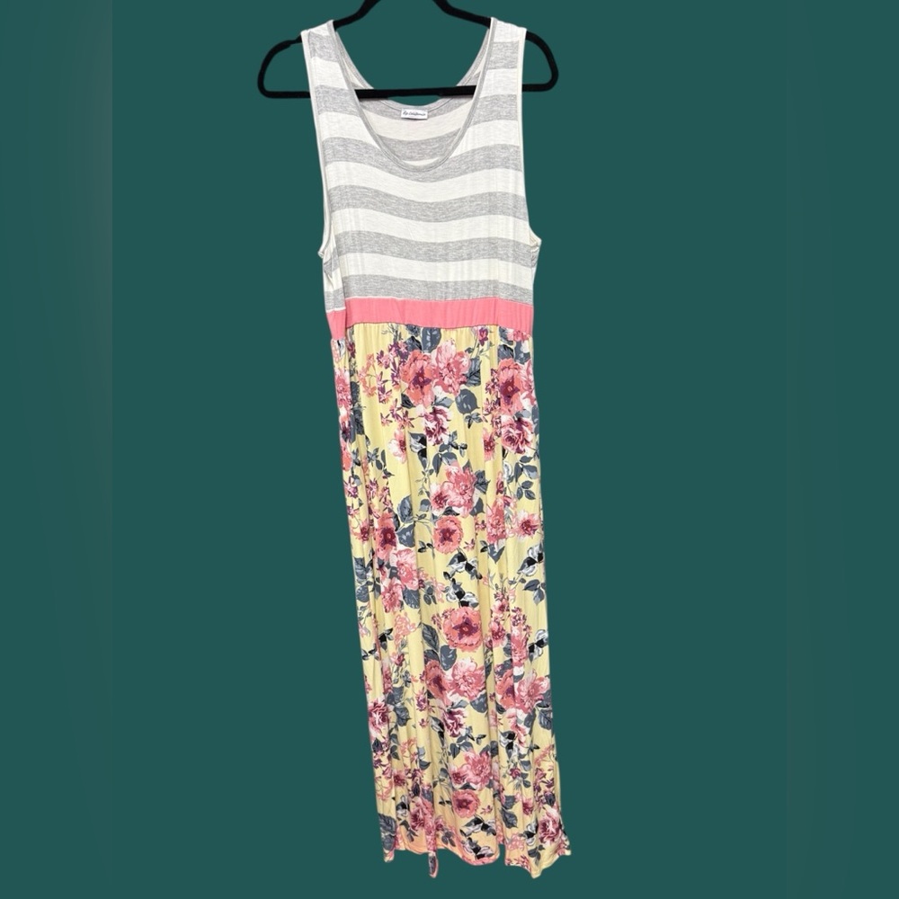 Egy California maxi tank top dress pink floral gray striped sundress size 1XL